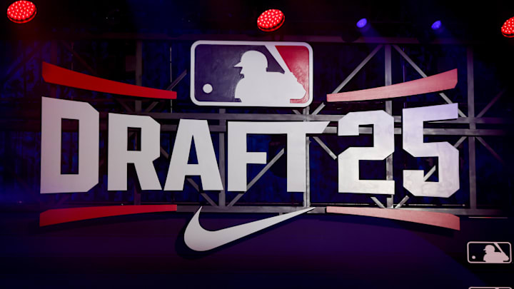 Jul 13, 2025; Atlanta, GA, USA; A general view of MLB Draft signage on the stage at The Coca-Cola Roxy. Mandatory Credit: Brett Davis-Imagn Images