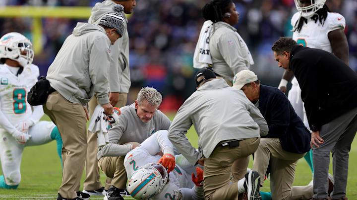 Bradley Chubb lays on the ground in pain before being taken off in a cart due to a knee injury that prematurely ended his season.