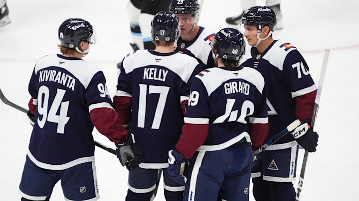 Dec 12, 2024; Denver, Colorado, USA; Colorado Avalanche left wing Joel Kiviranta (94) and center Parker Kelly (17) and defenseman Samuel Girard (49) and right wing Logan O'Connor (25) and defenseman Sam Malinski (70) huddle in the third period against the Utah Hockey Club at Ball Arena. Mandatory Credit: Ron Chenoy-Imagn Images
