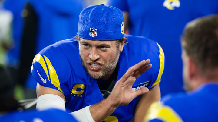 Jan 13, 2025; Glendale, AZ, USA; Los Angeles Rams quarterback Matthew Stafford (9) against the Minnesota Vikings during an NFC wild card game at State Farm Stadium. Mandatory Credit: Mark J. Rebilas-Imagn Images