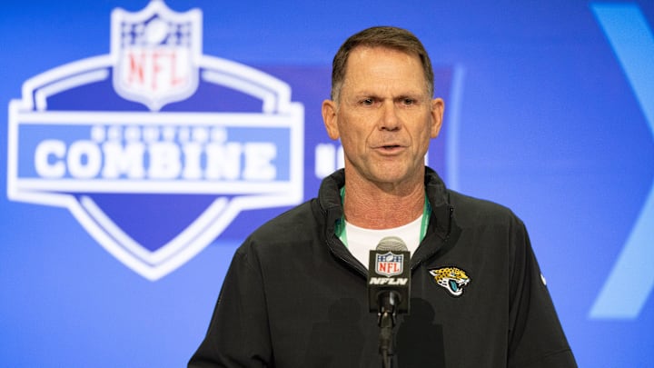 Feb 27, 2024; Indianapolis, IN, USA; Jacksonville Jaguars general manager Trent Baalke talks to the media at the 2024 NFL Combine at Indiana Convention Center. Mandatory Credit: Trevor Ruszkowski-Imagn Images