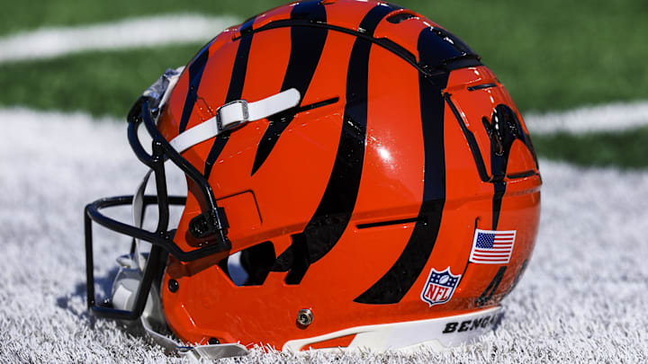 Dec 1, 2024; Cincinnati, Ohio, USA; A general view of the helmet of Cincinnati Bengals long snapper Cal Adomitis (48) during warmups before the game against the Pittsburgh Steelers at Paycor Stadium. Mandatory Credit: Katie Stratman-Imagn Images