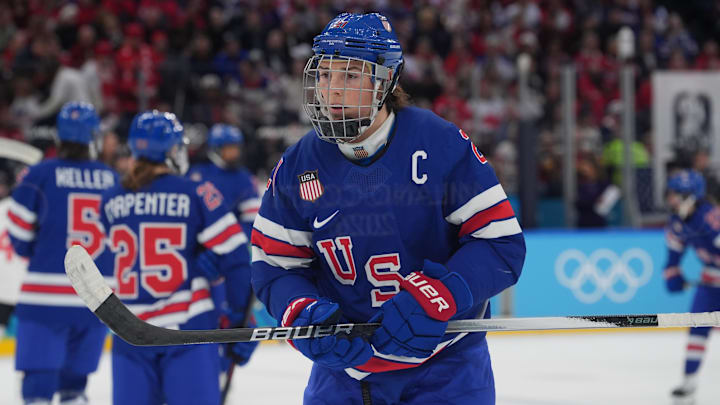 Feb 19, 2026; Milan, Italy; Hilary Knight (21) of the United States on the ice in the women's ice hockey gold medal game against Canada during the Milano Cortina 2026 Olympic Winter Games at Milano Santagiulia Ice Hockey Arena. Mandatory Credit: Amber Searls-Imagn Images