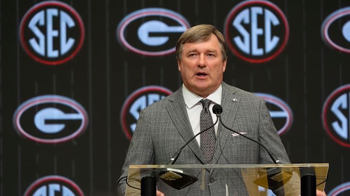 July 15, 2025; Atlanta, GA, USA; Georgia head coach Kirby Smart speaks in the Main Media Room during SEC Media Days at the College Football Hall of Fame in Atlanta. July 15, 2025; Atlanta, GA, USA; Georgia head coach Kirby Smart speaks in the Main Media Room during SEC Media Days at the College Football Hall of Fame in Atlanta.