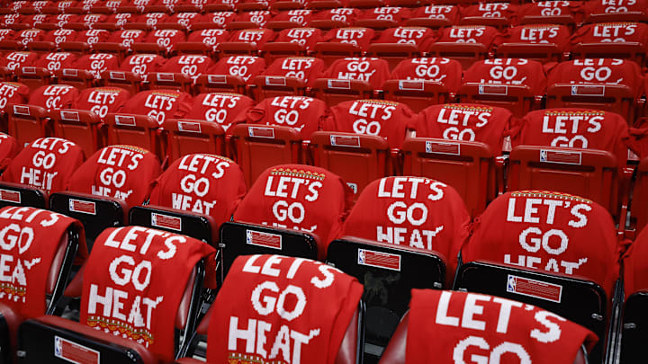 Dec 25, 2023; Miami, Florida, USA; Tee shirts line the seats waiting for fans before the Philadelphia 76ers against the Miami Heat game at Kaseya Center. Mandatory Credit: Rhona Wise-Imagn Images Dec 25, 2023; Miami, Florida, USA; Tee shirts line the seats waiting for fans before the Philadelphia 76ers against the Miami Heat game at Kaseya Center. Mandatory Credit: Rhona Wise-Imagn Images