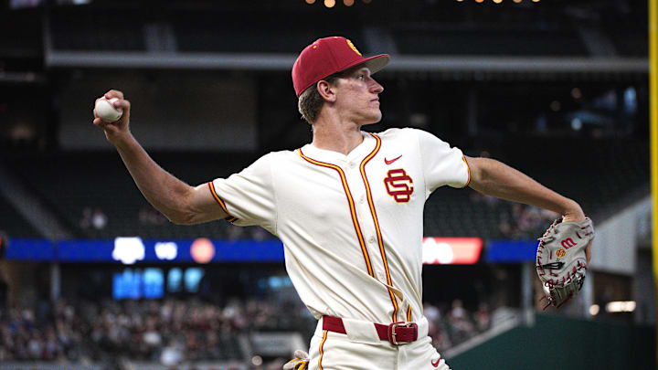 Mar 2, 2024; Arlington, TX, USA; Texas A&M Aggies compete against University of Southern California Trojans during the Kubota College Baseball Series - Weekend 3 at Globe Life Field. Mandatory Credit: Dustin Safranek-Imagn Images
