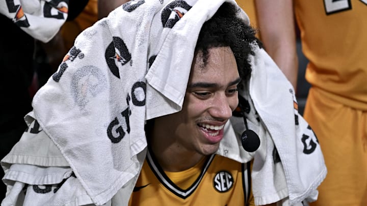 Feb 11, 2026; College Station, Texas, USA; Missouri Tigers guard Trent Pierce (11) speak during an interview after the game against the Texas A&M Aggies at Reed Arena. 