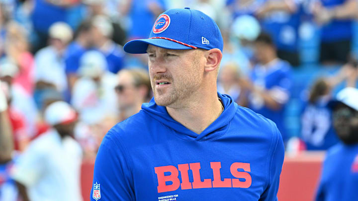 Buffalo Bills offensive coordinator Joe Brady on the field before a game against the New York Giants at Highmark Stadium.
