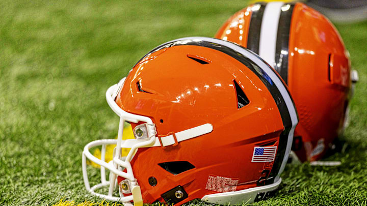 Sep 28, 2025; Detroit, Michigan, USA; A general view of the Cleveland Browns helmets on the field before the game against the Detroit Lions at Ford Field. Mandatory Credit: David Reginek-Imagn Images