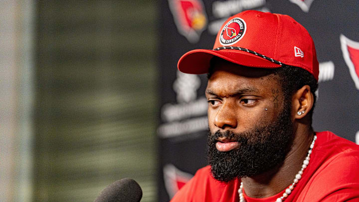 Josh Sweat speaks to members of the media at the Arizona Cardinals Training Center in Tempe on March 13, 2025. Josh Sweat speaks to members of the media at the Arizona Cardinals Training Center in Tempe on March 13, 2025.