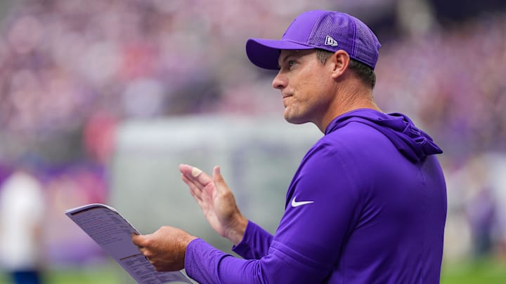 Aug 9, 2025; Minneapolis, Minnesota, USA; Minnesota Vikings head coach Kevin O'Connell claps to the crowd before the game against the Houston Texans at U.S. Bank Stadium.