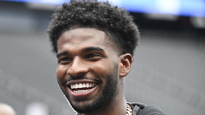 Jul 10, 2024; Las Vegas, NV, USA; Colorado Buffaloes quarterback Shedeur Sanders speaks to the media during the Big 12 Media Days at Allegiant Stadium. Mandatory Credit: Candice Ward-Imagn Images Jul 10, 2024; Las Vegas, NV, USA; Colorado Buffaloes quarterback Shedeur Sanders speaks to the media during the Big 12 Media Days at Allegiant Stadium. Mandatory Credit: Candice Ward-Imagn Images
