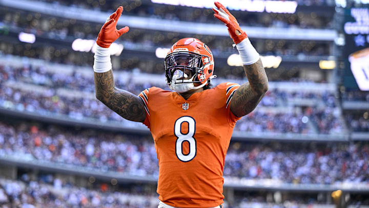 Oct 30, 2022; Arlington, Texas, USA; Chicago Bears wide receiver N'Keal Harry (8) celebrates making a touchdown  catch against the Dallas Cowboys during the game between the Dallas Cowboys and the Chicago Bears at AT&T Stadium. Mandatory Credit: Jerome Miron-Imagn Images
