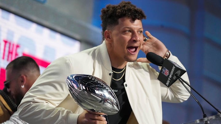 Apr 27, 2023; Kansas City, MO, USA; Kansas City Chiefs quarterback Patrick Mahomes greets fans during the first round of the 2023 NFL Draft at Union Station. Mandatory Credit: Kirby Lee-Imagn Images Apr 27, 2023; Kansas City, MO, USA; Kansas City Chiefs quarterback Patrick Mahomes greets fans during the first round of the 2023 NFL Draft at Union Station. Mandatory Credit: Kirby Lee-Imagn Images