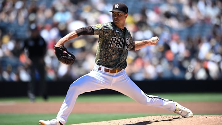 Jul 10, 2022; San Diego, California, USA; San Diego Padres starting pitcher MacKenzie Gore (1) throws a pitch against the San Francisco Giants during the first inning at Petco Park. Mandatory Credit: Orlando Ramirez-Imagn Images