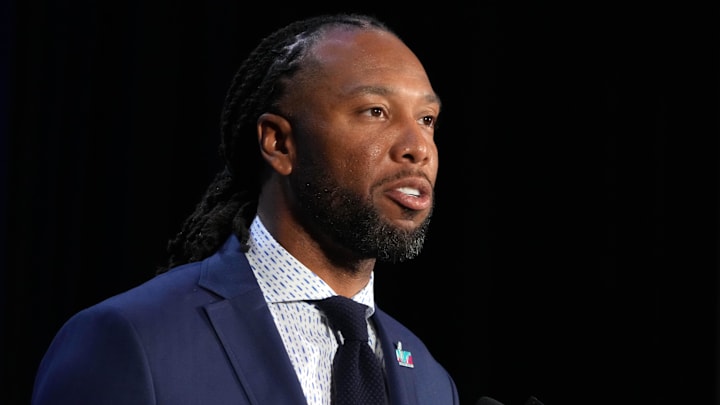 Feb 13, 2023; Phoenix, AZ, USA; Larry Fitzgerald at the Super Bowl Host Committee Handoff press conference at the Phoenix Convention Center. Mandatory Credit: Kirby Lee-Imagn Images