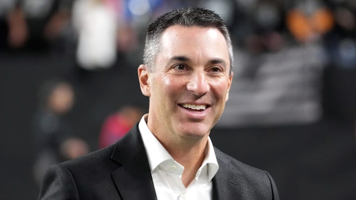 Dec 16, 2024; Paradise, Nevada, USA; Las Vegas Raiders general manager Tom Telesco reacts during the game against the Atlanta Falcons at Allegiant Stadium. Mandatory Credit: Kirby Lee-Imagn Images