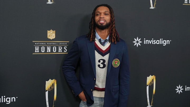 Feb 6, 2025; New Orleans, LA, USA;  Damar Hamlin on the red carpet before Super Bowl LIX NFL Honors at Saenger Theatre. Mandatory Credit: Kirby Lee-Imagn Images
