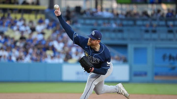Jun 16, 2026; Los Angeles, California, USA; Tampa Bay Rays starting pitcher Drew Rasmussen (57) throws during the first inning against the Los Angeles Dodgers at Dodger Stadium. 