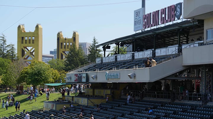 Apr 9, 2025; West Sacramento, California, USA; A general view of the first base stands and Tower bridge before the game between the Athletics and the San Diego Padres at Sutter Health Park. Mandatory Credit: Darren Yamashita-Imagn Images