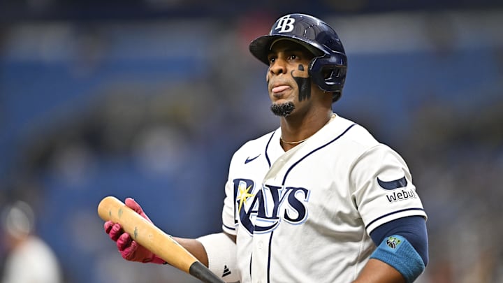 Apr 21, 2026; St. Petersburg, Florida, USA; Tampa Bay Rays infielder Yandy Diaz (2) reacts after a strike during the first inning against Cincinnati Reds at Tropicana Field. Mandatory Credit: Pablo Robles-Imagn Images
