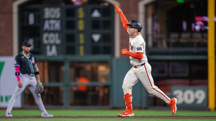 Sep 8, 2025; San Francisco, California, USA; San Francisco Giants catcher Patrick Bailey (14) celebrates after hitting a solo home run against the Arizona Diamondbacks during the eighth inning at Oracle Park. Mandatory Credit: Neville E. Guard-Imagn Images