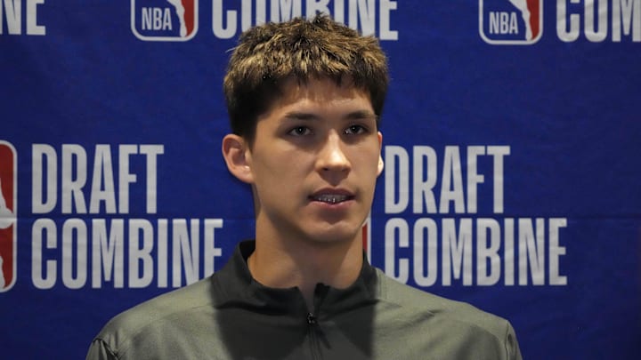 May 14, 2025; Chicago, Il, USA; Egor Demin talks to the media during the 2025 NBA Draft Combine at Marriott Marquis Chicago. Mandatory Credit: David Banks-Imagn Images
