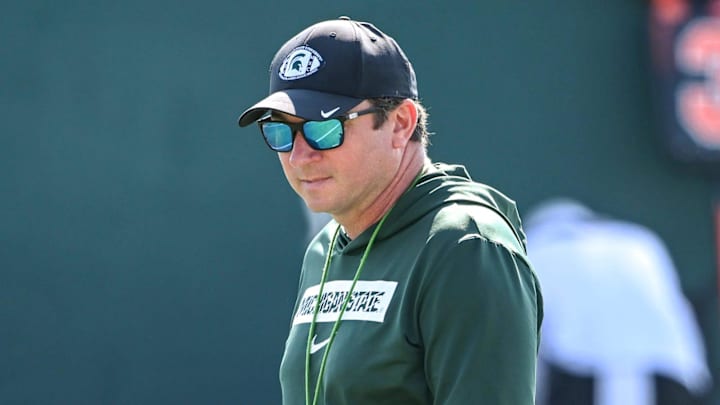 Michigan State football head coach Jonathan Smith looks on during practice on Monday, Aug. 11, 2025, in East Lansing.
