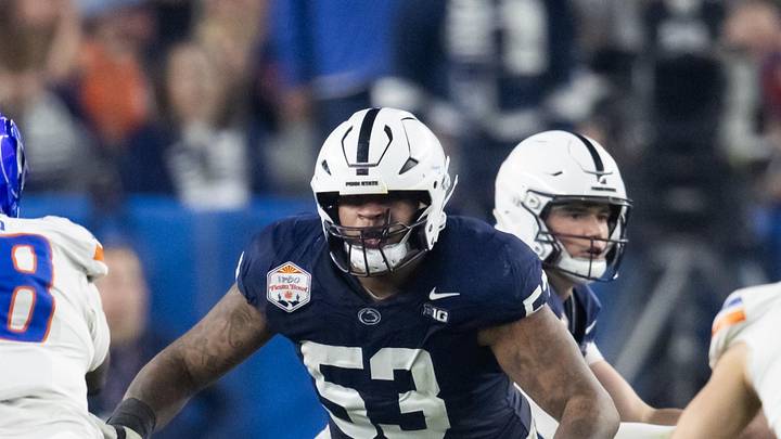 Dec 31, 2024; Glendale, AZ, USA; Penn State Nittany Lions offensive lineman Nick Dawkins (53) against the Boise State Broncos during the Fiesta Bowl at State Farm Stadium. Mandatory Credit: Mark J. Rebilas-Imagn Images Dec 31, 2024; Glendale, AZ, USA; Penn State Nittany Lions offensive lineman Nick Dawkins (53) against the Boise State Broncos during the Fiesta Bowl at State Farm Stadium. Mandatory Credit: Mark J. Rebilas-Imagn Images