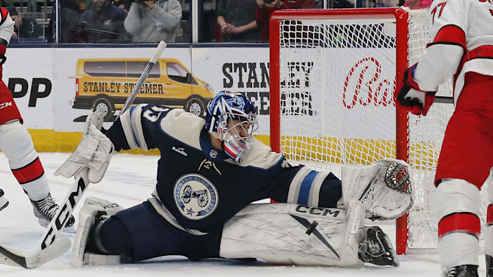 Jet Greaves reaches out to make a save against the Carolina Hurricanes Jet Greaves reaches out to make a save against the Carolina Hurricanes