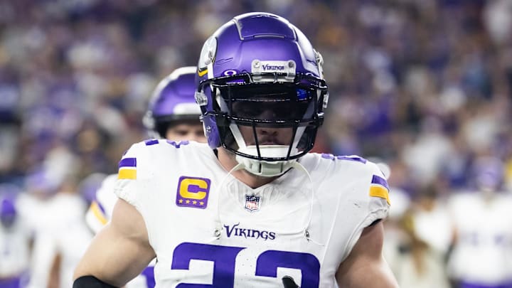 Jan 13, 2025; Glendale, AZ, USA; Minnesota Vikings safety Harrison Smith (22) against the Los Angeles Rams during an NFC wild card game at State Farm Stadium. Mandatory Credit: Mark J. Rebilas-Imagn Images