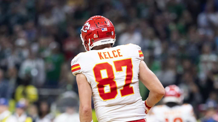 Feb 9, 2025; New Orleans, LA, USA;  Detailed view of the jersey of Kansas City Chiefs tight end Travis Kelce (87) against the Philadelphia Eagles in Super Bowl LIX at Ceasars Superdome. Mandatory Credit: Mark J. Rebilas-Imagn Images