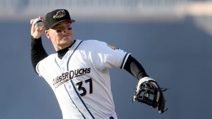 Cleveland Guardians top prospect Travis Bazzana warms up before the start of Akron RubberDucks home opener against Altoona Curve. Tuesday, April 08, 2025.
