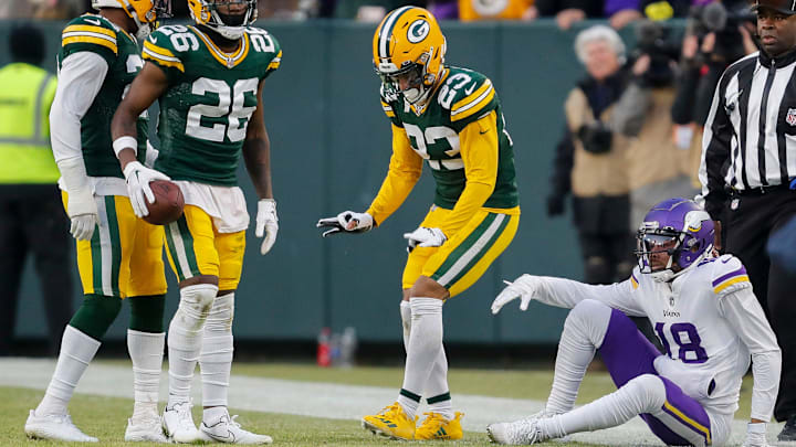 Green Bay Packers cornerback Jaire Alexander does The Griddy after breaking up a pass intended for Minnesota Vikings wide receiver Justin Jefferson (18) on Sunday, January 1, 2023, at Lambeau Field in Green Bay, Wis. Tork Mason/USA TODAY NETWORK-Wisconsin