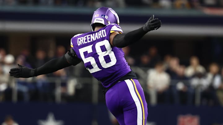 Dec 14, 2025; Arlington, Texas, USA; Minnesota Vikings linebacker Jonathan Greenard (58) celebrates after a play during the first half against the Dallas Cowboys at AT&T Stadium. Dec 14, 2025; Arlington, Texas, USA; Minnesota Vikings linebacker Jonathan Greenard (58) celebrates after a play during the first half against the Dallas Cowboys at AT&T Stadium.