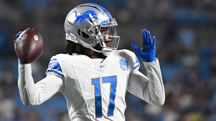 Aug 25, 2023; Charlotte, North Carolina, USA;  Detroit Lions quarterback Teddy Bridgewater (17) looks to pass in the second quarter at Bank of America Stadium.