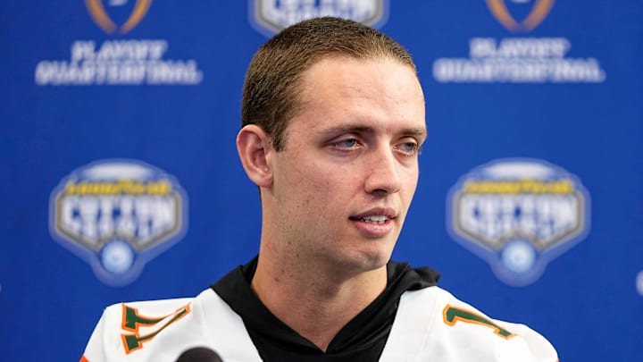 Miami Hurricanes quarterback Carson Beck speaks during the Cotton Bowl Media Day at AT&T Stadium in Dallas prior to the College Football Playoff matchup against the Ohio State Buckeyes on Dec. 29, 2025.