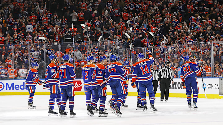Jan 27, 2024; Edmonton, Alberta, CAN; The Edmonton Oilers celebrate their 16th straight win 