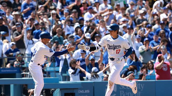 Los Angeles Dodgers designated hitter Shohei Ohtani rounds the bases after mashing his 10th home run of the season.