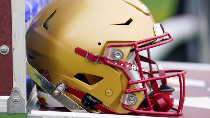 Sep 14, 2024; Columbia, Missouri, USA; A general view of a Boston College Eagles helmet against the Missouri Tigers during the first half at Faurot Field at Memorial Stadium. Mandatory Credit: Denny Medley-Imagn Images