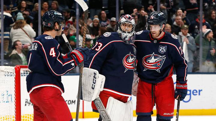 Jan 22, 2026; Columbus, Ohio, USA; Columbus Blue Jackets goalie Jet Greaves (73) celebrates the win against the Dallas Stars after the game at Nationwide Arena. Mandatory Credit: Russell LaBounty-Imagn Images Jan 22, 2026; Columbus, Ohio, USA; Columbus Blue Jackets goalie Jet Greaves (73) celebrates the win against the Dallas Stars after the game at Nationwide Arena. Mandatory Credit: Russell LaBounty-Imagn Images