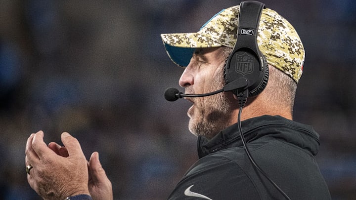 Nov 5, 2023; Charlotte, North Carolina, USA; Carolina Panthers head coach Frank Reich in the third quarter at Bank of America Stadium. Mandatory Credit: Bob Donnan-Imagn Images Nov 5, 2023; Charlotte, North Carolina, USA; Carolina Panthers head coach Frank Reich in the third quarter at Bank of America Stadium. Mandatory Credit: Bob Donnan-Imagn Images