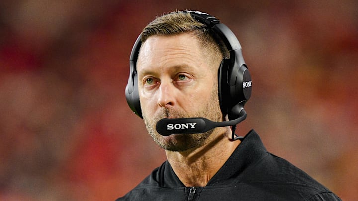 Oct 27, 2025; Kansas City, Missouri, USA; Washington Commanders offensive coordinator Kliff Kingsbury looks on during the first half against the Kansas City Chiefs at GEHA Field at Arrowhead Stadium. Mandatory Credit: Jay Biggerstaff-Imagn Images
