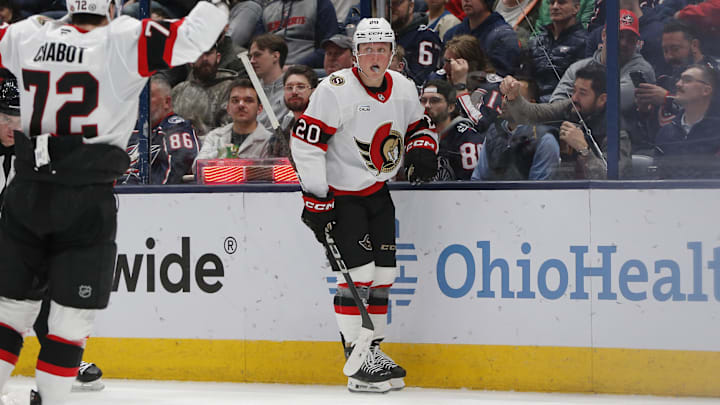 Apr 8, 2025; Columbus, Ohio, USA; Ottawa Senators left wing Fabian Zetterlund (20) celebrates his goal against the Columbus Blue Jackets during the second period at Nationwide Arena. Mandatory Credit: Russell LaBounty-Imagn Images