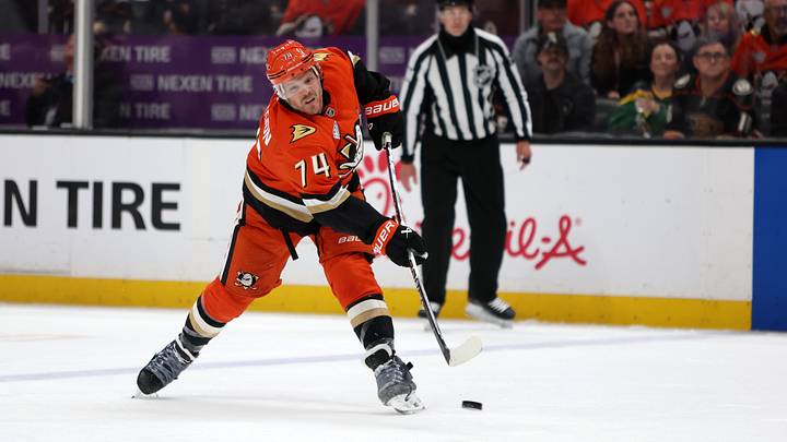 May 14, 2026; Anaheim, California, USA; Anaheim Ducks defenseman John Carlson (74) takes a slapshot during the second period against the Vegas Golden Knights in game six of the second round of the 2026 Stanley Cup Playoffs at Honda Center. Mandatory Credit: Kiyoshi Mio-Imagn Images