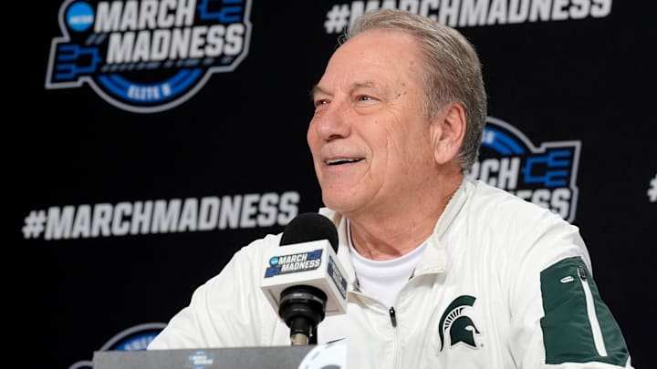 Michigan State basketball coach Tom Izzo laughs at a question during a press conference at Capital One Arena in Washington DC on Thursday, March 26, 2026. 
The Spartans plays the University of Connecticut on Friday evening.