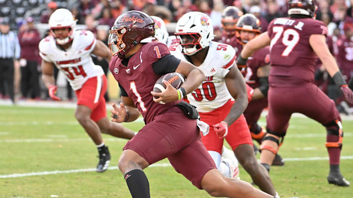 Nov 1, 2025; Blacksburg, Va.; Virginia Tech quarterback Kyron Drones (1) runs the ball.