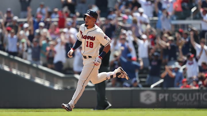 Aug 18, 2019; Atlanta, GA, USA; Atlanta Braves left fielder Rafael Ortega (18) reacts after hitting a grand slam in the sixth inning against the Los Angeles Dodgers at SunTrust Park. Mandatory Credit: Jason Getz-Imagn Images Aug 18, 2019; Atlanta, GA, USA; Atlanta Braves left fielder Rafael Ortega (18) reacts after hitting a grand slam in the sixth inning against the Los Angeles Dodgers at SunTrust Park. Mandatory Credit: Jason Getz-Imagn Images