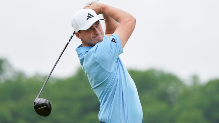 May 17, 2024; Louisville, Kentucky, USA; Ludvig Aberg tees off on the first hole during the second