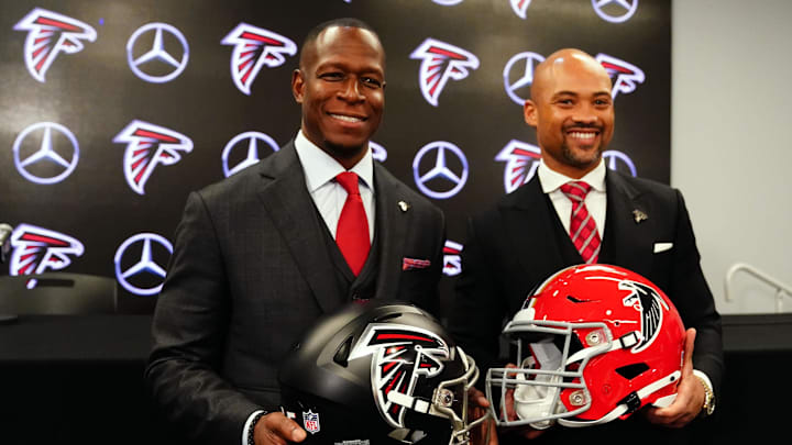 Feb 5, 2024; Atlanta, GA, USA; Atlanta Falcons head coach Raheem Morris and general manager Terry Feb 5, 2024; Atlanta, GA, USA; Atlanta Falcons head coach Raheem Morris and general manager Terry